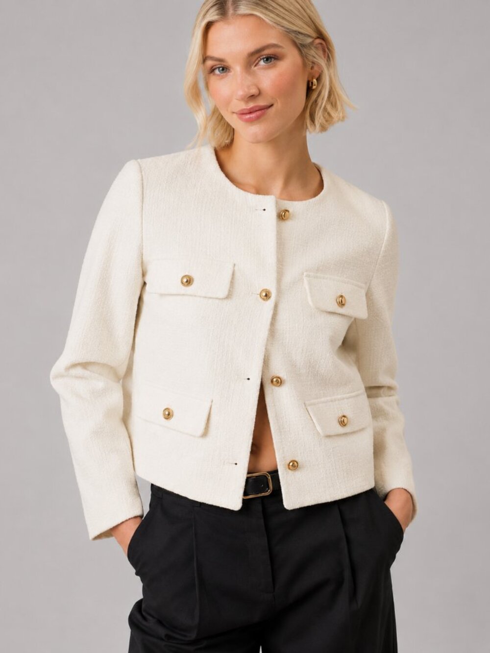 Women's White Tweed Cropped Blazer Gold Button Pocket Dressy Office Jacket - Picture 5 of 6